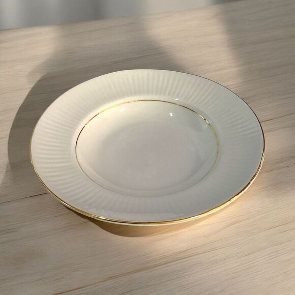 Gibson Black Tie White Soup Salad Bowls Gold Trim Ribbed Rim 8 5/8" Set of 4 - Picture 4 of 6